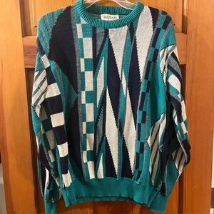 Vintage USA Sweater Men L Teal Navy White Tundra Coogi Style 3D Geometric Knit
